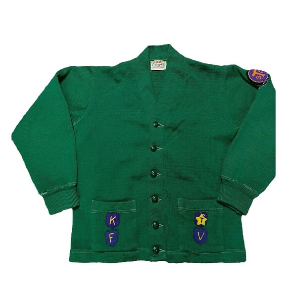 Campus Men’s All Wool Green Sweater Varsity Letterman Patches VTG 40s 50s Cobain